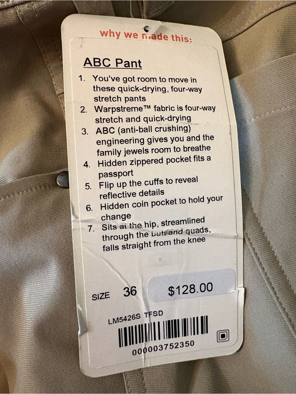 Lululemon ABC Classic-Fit Pant Men 36 Khaki New Warpstreme Reflective Cuffs